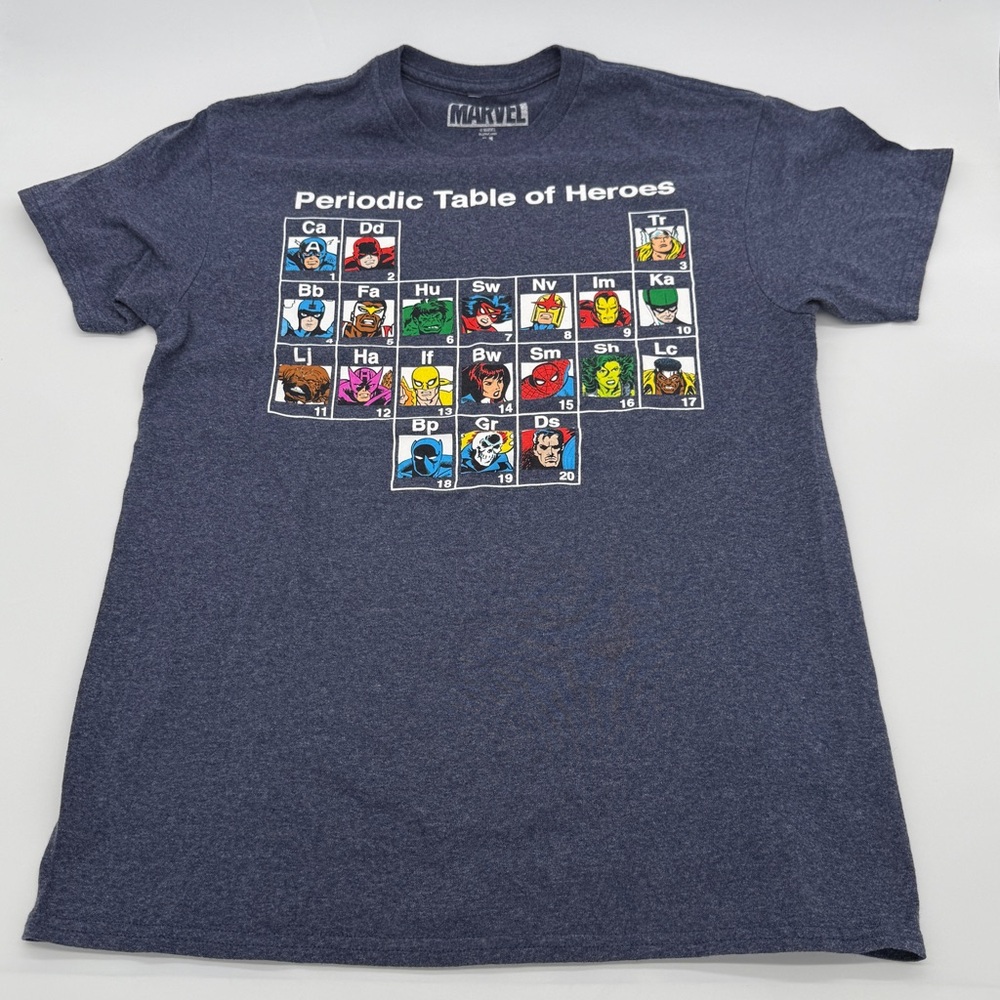Marvel Heathered Blue Periodic Table of Heroes Logo T-Shirt